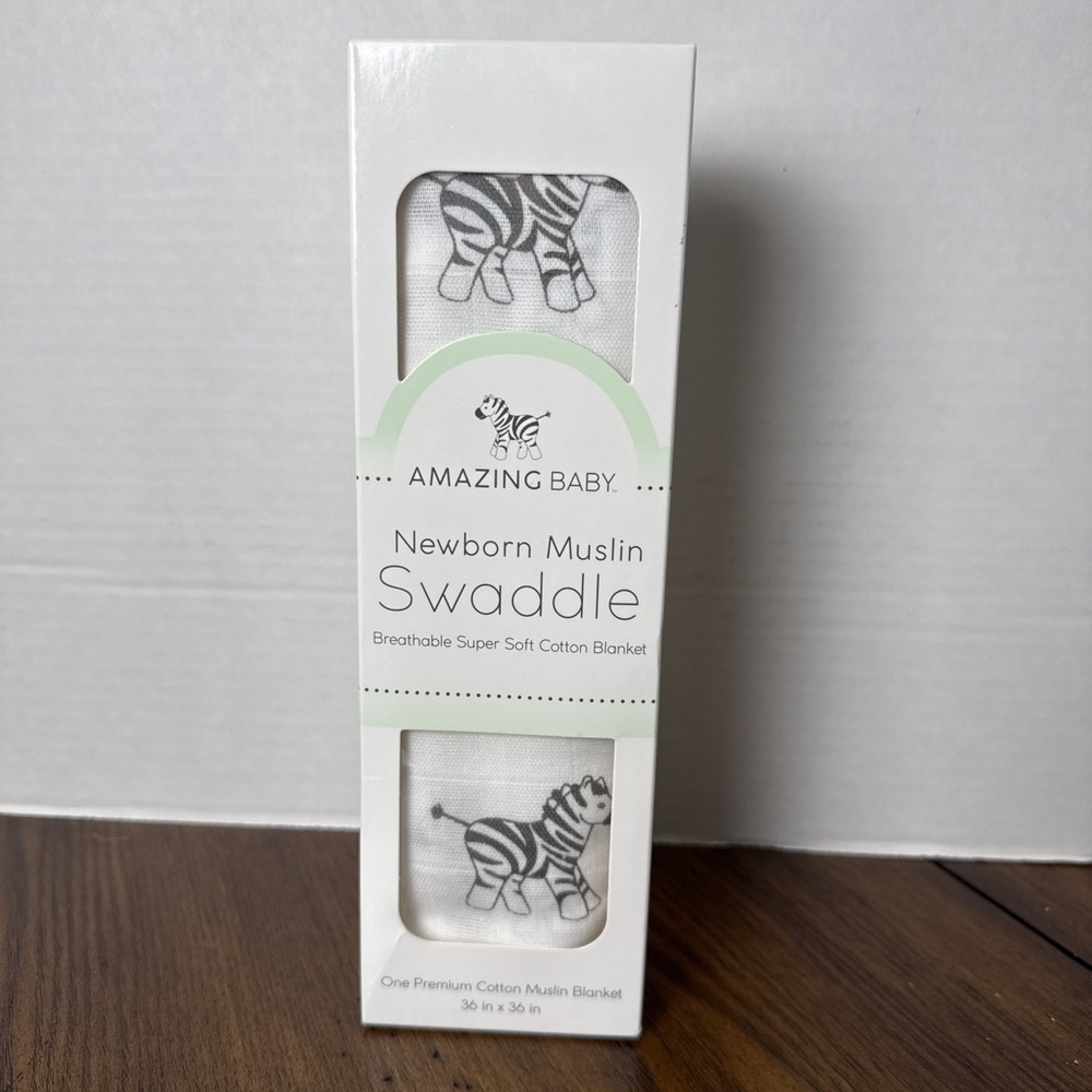 AMAZING BABY Newborn Muslin Swaddle Zebra White / Black 36" x 36" - NEW
